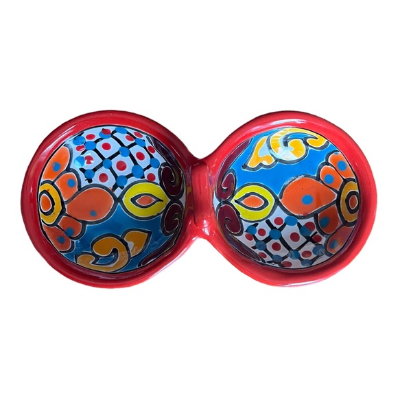 Talavera Pottery Molcajrte Double Salsa Bowl with Handle Ring Catch - Picture 2 of 11